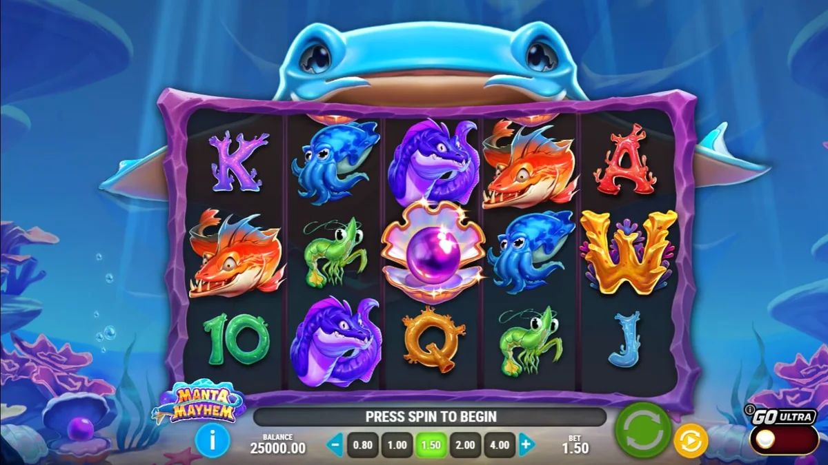 Isang makulay na underwater scene mula sa Manta Mayhem slot na nagpapakita ng mga sea creatures at coral reef.
