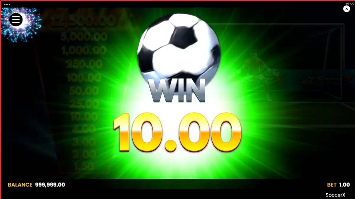 Isang digital na representasyon ng SoccerX penalty shootout slot interface na nagpapakita ng multiplier ladder at stadium background.